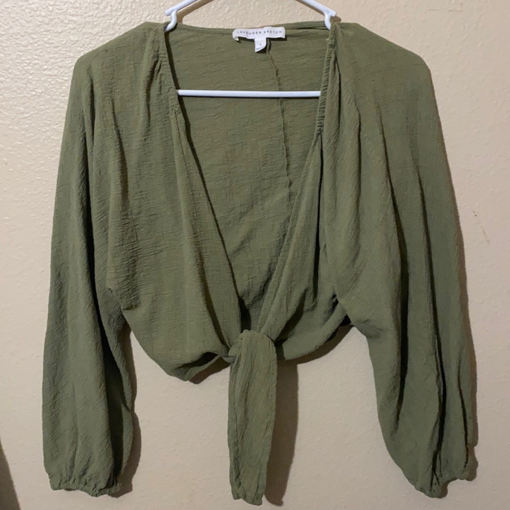 💚Self Tie Open Front Bishop Sleeve Blouse🍃🌿